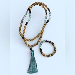 Natural Stone Beaded Necklace and Bracelet Set - Earthy Boho Style